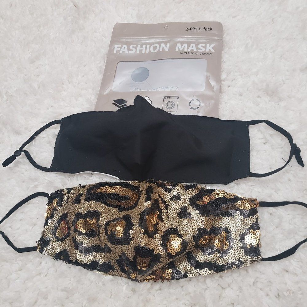Fashion x2 Cloth Face Mask Gold Sequin Animal Prin